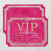 Hot Pink & Gold Glitter VIP Ticket Kaart (Voorkant / Achterkant)