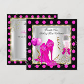Hot Pink Gold Glitter White Spot Birthday Party Kaart (Voorkant / Achterkant)