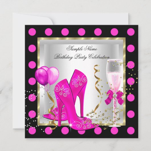 Hot Pink Gold Glitter White Spot Birthday Party Kaart (Voorkant)