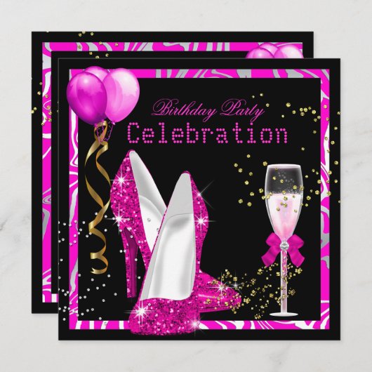 Hot Pink Gold Glitter Zebra Black Birthday Party Kaart (Voorkant / Achterkant)