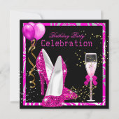 Hot Pink Gold Glitter Zebra Black Birthday Party Kaart (Voorkant)