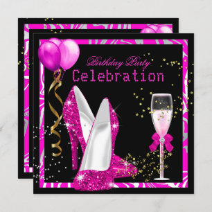 Hot Pink Gold Glitter Zebra Black Birthday Party Kaart