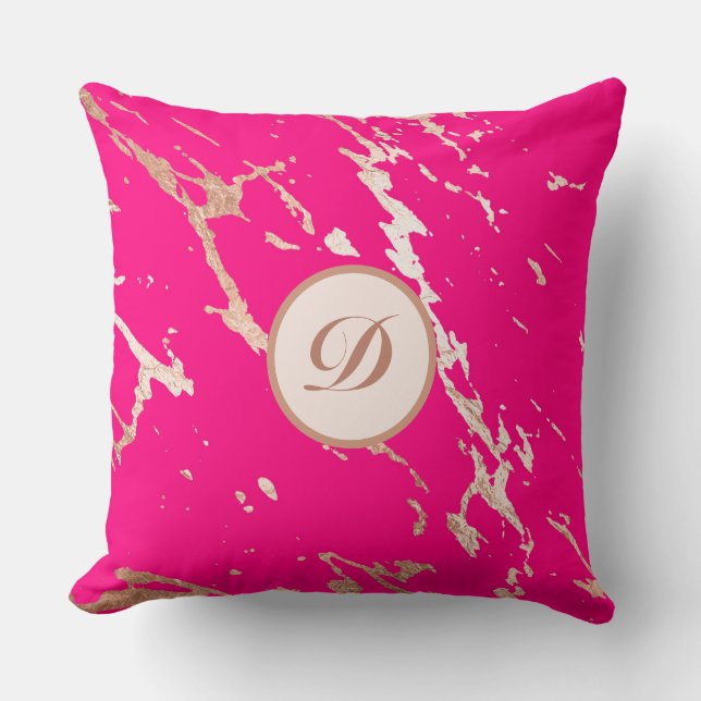 Hot Pink & Gold Monogram Aangepast Kussen (Voorkant)