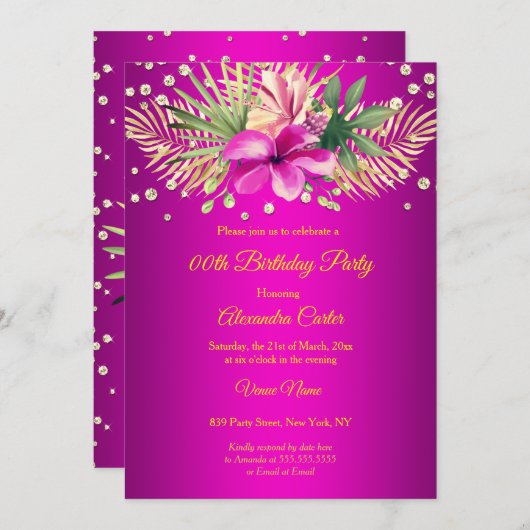 Hot pink gold palms floral Birthday Party Kaart (Voorkant / Achterkant)