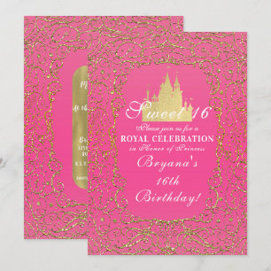 Hot Pink & Gold Royal Castle Princess Sweet 16 Kaart