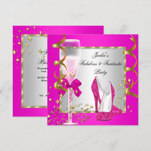 'Hot Pink Gold Silver Women's Birthday Party' Kaart (Voorkant / Achterkant)