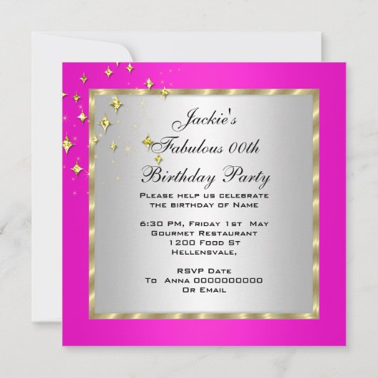 'Hot Pink Gold Silver Women's Birthday Party' Kaart (Achterkant)
