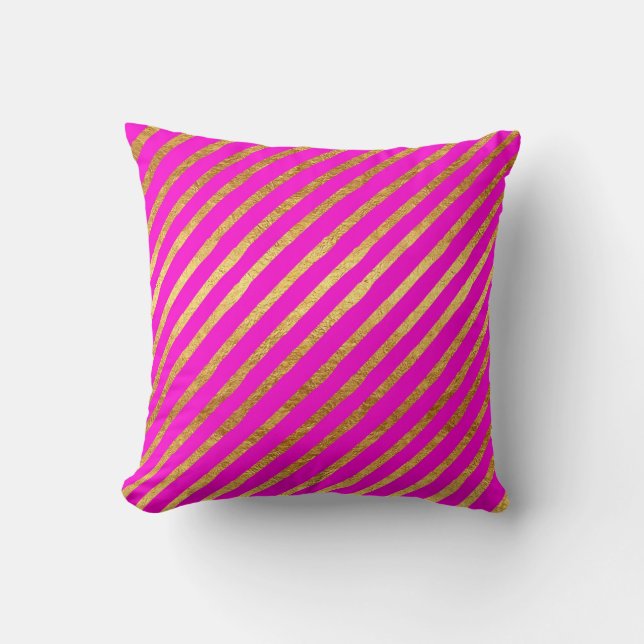 Hot Pink Gold Stripe Faux Foil Metallic Stripes Kussen (Voorkant)
