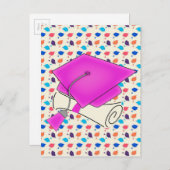 Hot Pink Graduation Cap en Diploma, Kleurrijk Pet Aankondigingskaart (Voorkant / Achterkant)