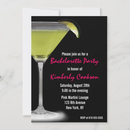 Hot Pink Green Martini Bachelorette Party Kaart (Voorkant)