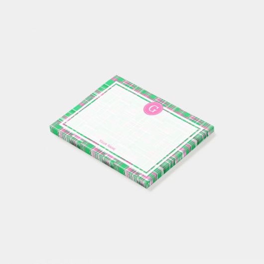Hot Pink Green Patchwork Madras Pset 1IR omhuld Post-it® Notes (Schuin)