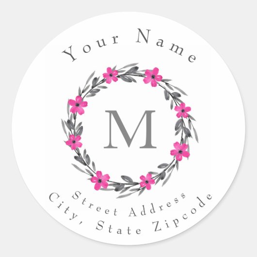 'Hot Pink Grey Black Floral Wreath' labels (Voorkant)