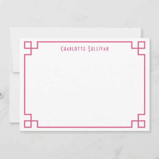 Hot Pink Griekse Key Border gepersonaliseerde brie Notitiekaartje (Voorkant)