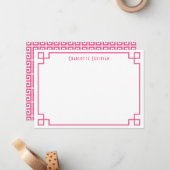 Hot Pink Griekse Key Border gepersonaliseerde brie Notitiekaartje (Voorkant / Achterkant in situ)