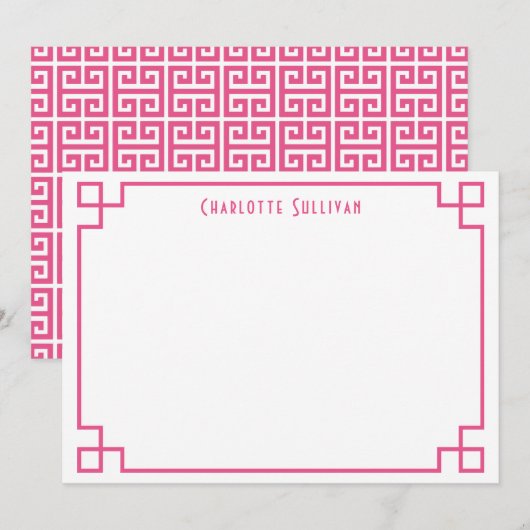 Hot Pink Griekse Key Border gepersonaliseerde brie Notitiekaartje (Voorkant / Achterkant)