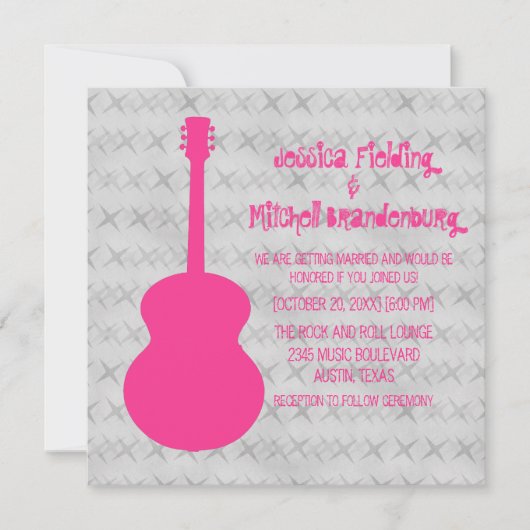 Hot-Pink Guitar Grunge Wedding Invite Kaart (Voorkant)