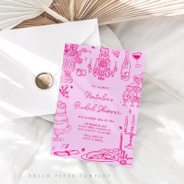 Hot Pink Hand Drawn Whimsical Vrijgezellenfeest Kaart