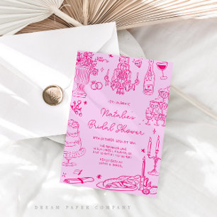 Hot Pink Hand Drawn Whimsical Vrijgezellenfeest Kaart