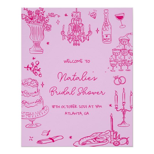 Hot Pink Hand Drawn Whimsical Vrijgezellenfeest Perfect Poster (Voorkant)
