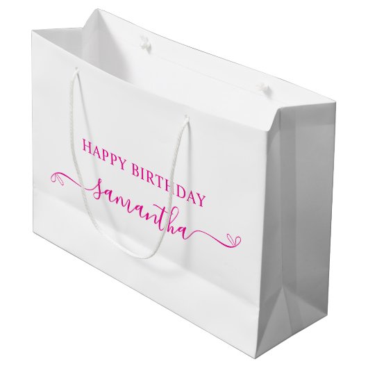 Hot Pink Happy Birthday Schattige Bow Handtekening Groot Cadeauzakje (Voorkant Gekanteld)