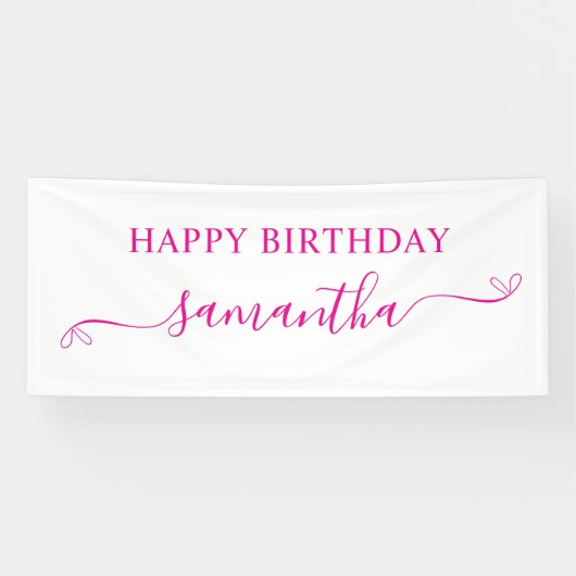 Hot Pink Happy Birthday Schattige Bow Handtekening Spandoek (Horizontaal)
