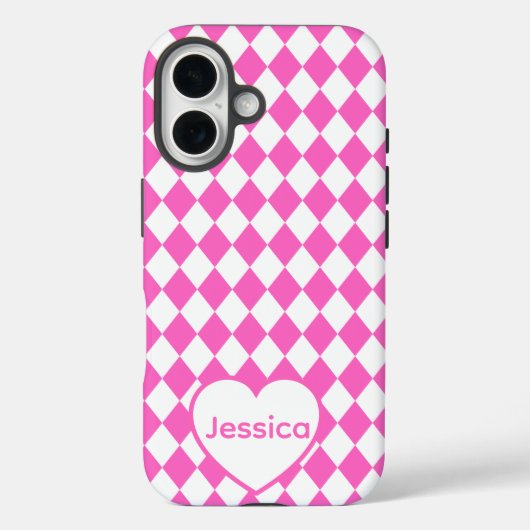 Hot Pink Harlequin Pattern Personalized Name Case-Mate iPhone Case (Achterkant)