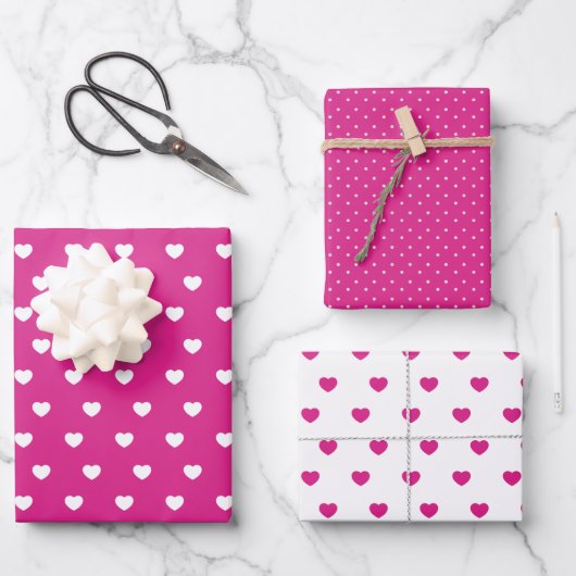 Hot Pink Hearts en Polka Dots Inpakpapier Vel (Voorkant)