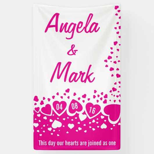 Hot Pink Hearts Gepersonaliseerde bruiloft Spandoek (Verticaal)
