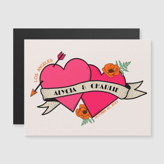 Hot Pink Hearts magnetische uitnodiging bruiloft (Voorkant / Achterkant)
