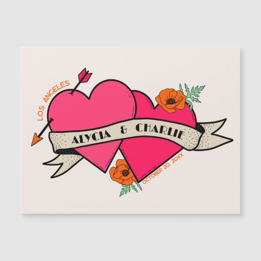 Hot Pink Hearts magnetische uitnodiging bruiloft (Voorkant)