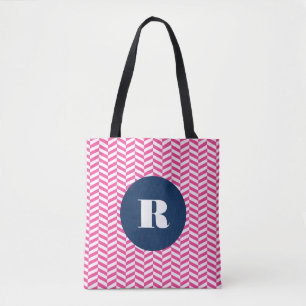 Hot Pink Herringbone Pattern Monogram Bag Tote Bag