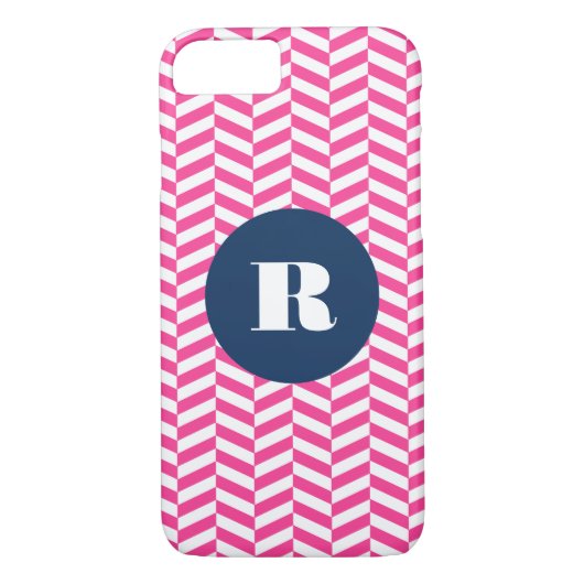 Hot Pink Herringbone Pattern Monogram Case-Mate iPhone Case (Achterkant)
