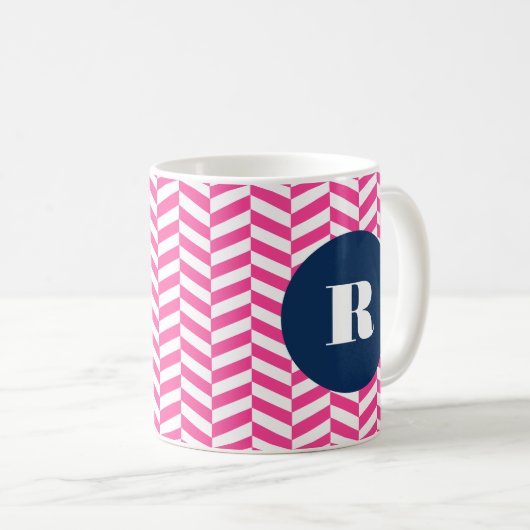 Hot Pink Herringbone Pattern Monogram Koffiemok (Voorkant rechts)