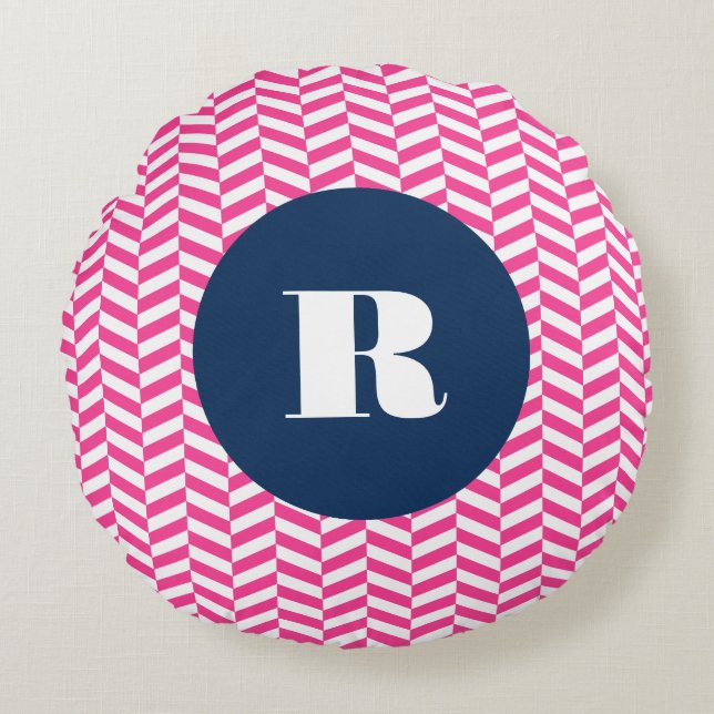 Hot Pink Herringbone Pattern Monogram Ronde Kussen (Voorkant)