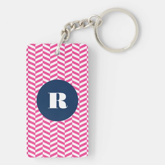Hot Pink Herringbone Pattern Monogram Sleutelhanger (achterkant)