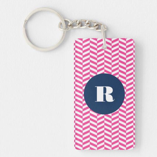 Hot Pink Herringbone Pattern Monogram Sleutelhanger (Voorkant)