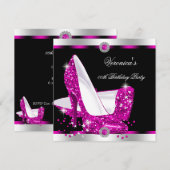 Hot Pink Hi Heels Black Silver Birthday Party Kaart (Voorkant / Achterkant)