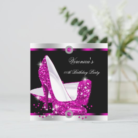 Hot Pink Hi Heels Black Silver Birthday Party Kaart (Staand voorkant)