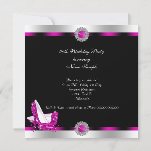 Hot Pink Hi Heels Black Silver Birthday Party Kaart (Achterkant)