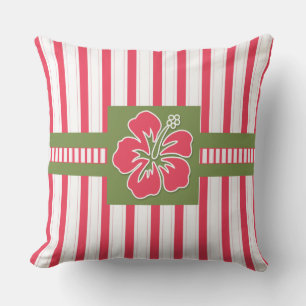 Hot Pink Hibiscus met Stripes Monogram Buitenkussen