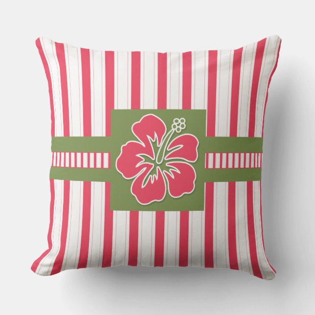 Hot Pink Hibiscus met Stripes Monogram Buitenkussen (Voorkant)