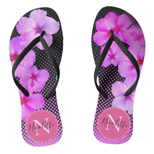 Hot Pink Hibiscus Monogram Teenslippers (Voetbed)