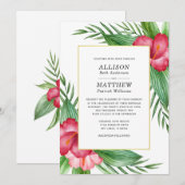 Hot Pink Hibiscus Waterverf Tropische bruiloft Kaart (Voorkant / Achterkant)