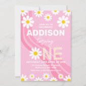 Hot Pink Hippy Wave Daisy 1st Verjaardag Uitnodigi Kaart (Voorkant)