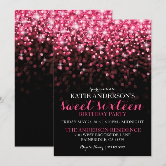 Hot Pink Hollywood Glitter Sweet Sixteen Party Kaart (Voorkant / Achterkant)