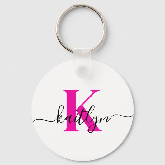 Hot Pink Initiaal Naam Monogrammed Sleutelhanger (Voorkant)