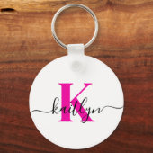 Hot Pink Initiaal Naam Monogrammed Sleutelhanger (Voorkant)
