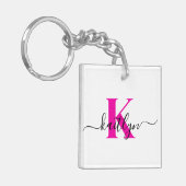 Hot Pink Initiaal Naam Monogrammed Sleutelhanger (Voorkant Links)