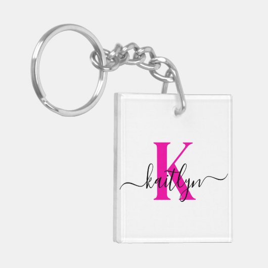 Hot Pink Initiaal Naam Monogrammed Sleutelhanger (Voorkant Links)