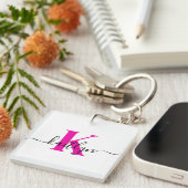 Hot Pink Initiaal Naam Monogrammed Sleutelhanger (Voorkant Rechts)
